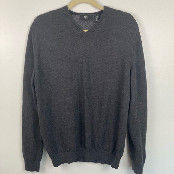 Calvin Klein Mens L Fits M 100% Merino Wool Grey V-Neck Sweater Quiet Luxury - Picture 1 of 8